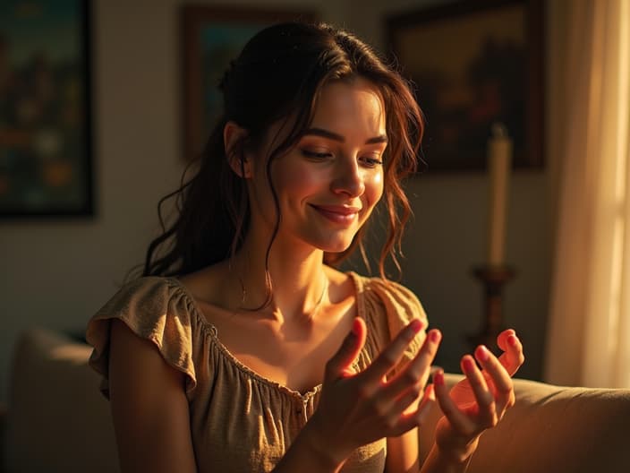 Woman finding happiness in small things, studio setting with warm lighting