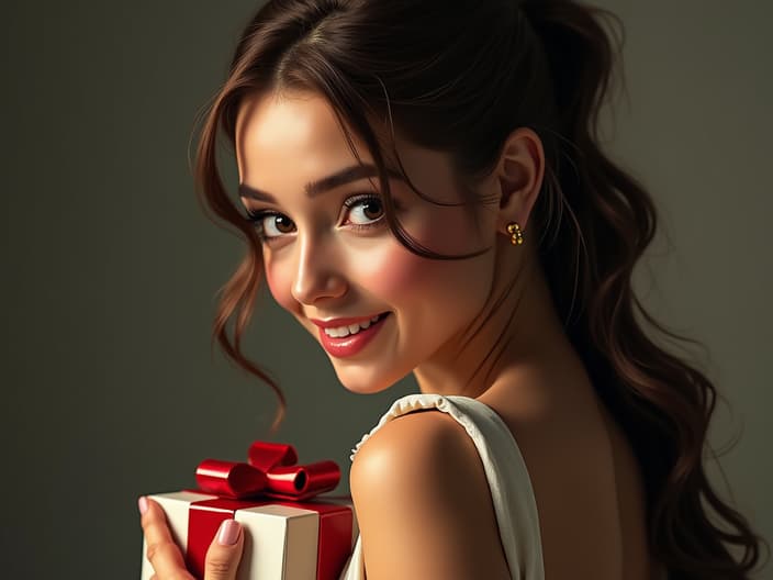 Woman hiding a gift behind her back, playful expression