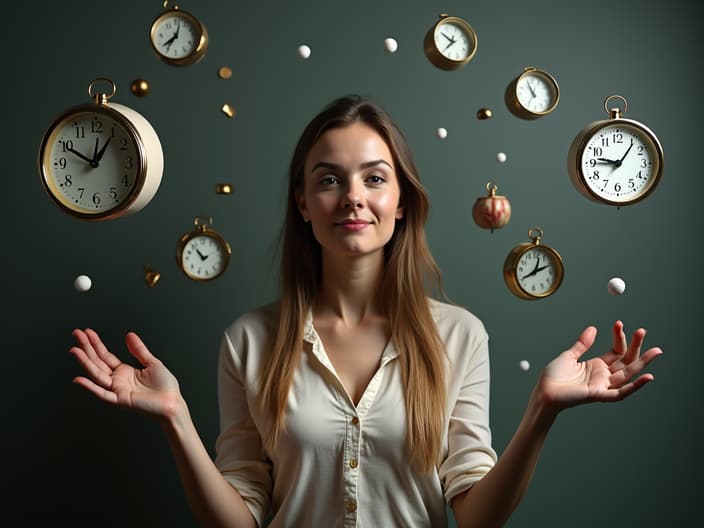 Woman juggling clock and various life symbols, studio composition