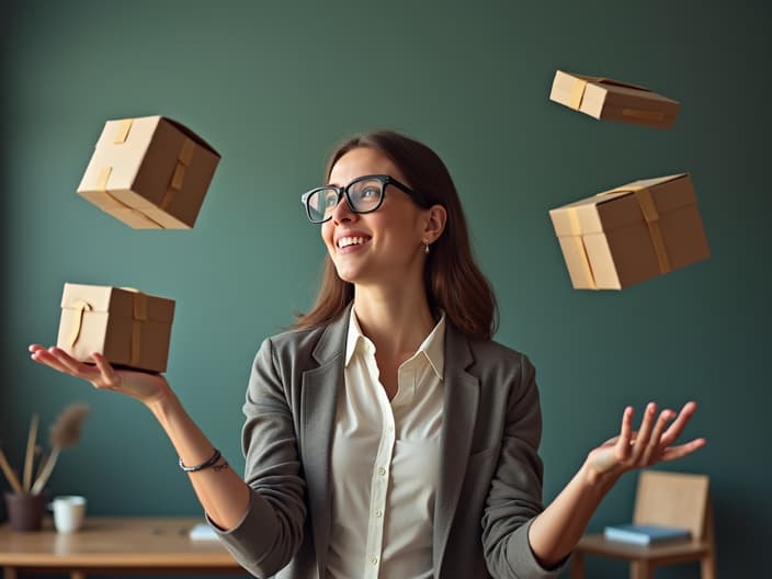 Woman juggling work items and personal objects, creative studio composition