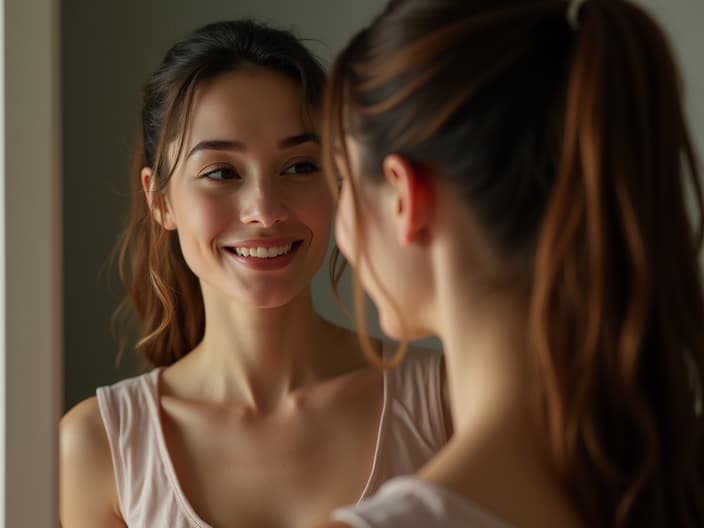 Woman looking at herself with love in a mirror, soft studio lighting