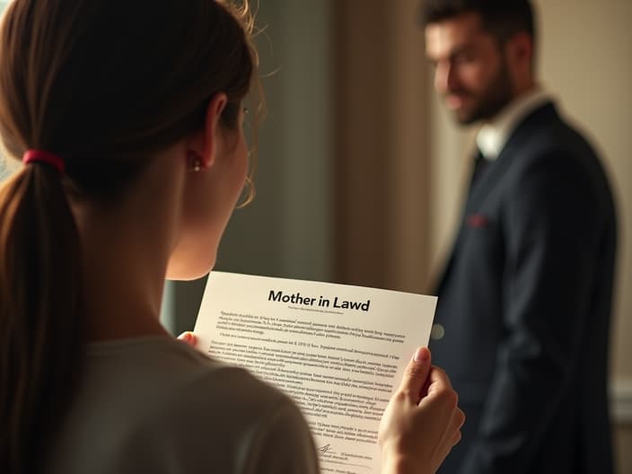 Woman looking at house deed with mother-in-law's name, husband's silhouette in background