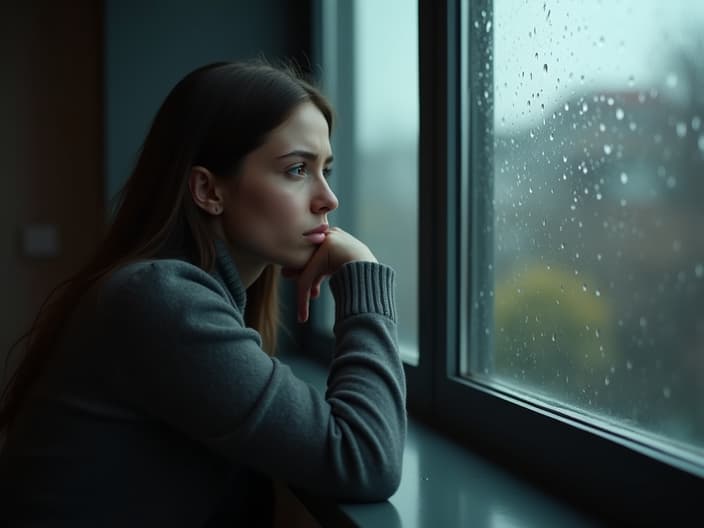 Woman looking thoughtful and sad, sitting by a rainy window