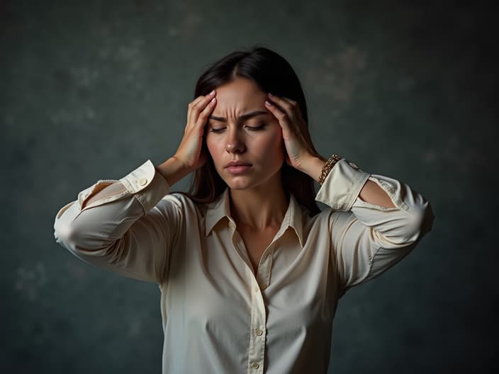 Woman losing motivation for work, studio setting with professional backdrop