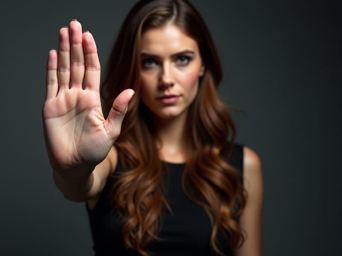 Woman making a stop gesture with her hand, studio shot with bold lighting