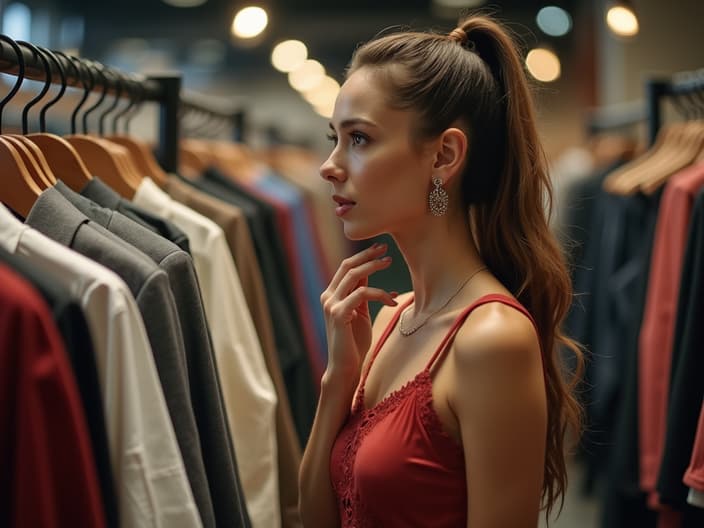 Woman making thoughtful choices in clothing store, lifestyle photography