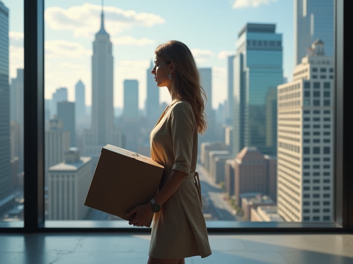 Woman moving to new city, studio setting with cityscape background