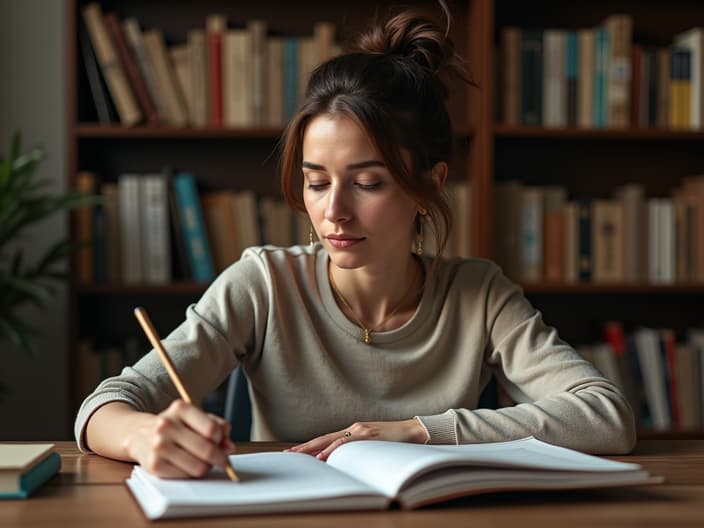 Woman needing motivation for studying, studio setting with books and desk