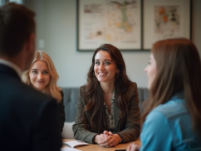 Woman networking with professionals, business conference studio setting