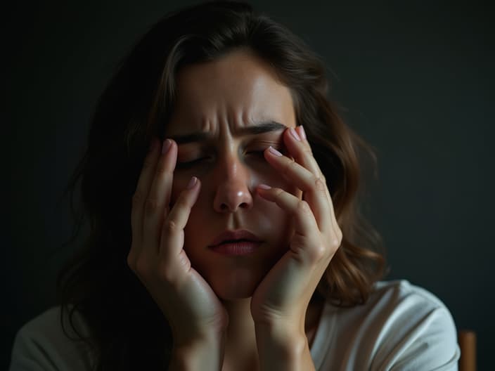 Woman overwhelmed by emotions, studio setting with intense lighting