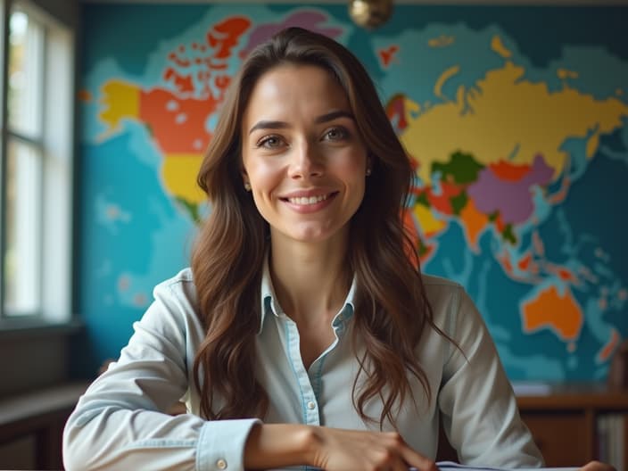 Woman planning international volunteering, studio setting with globe background