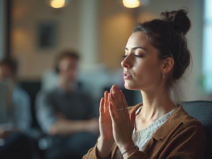 Woman practicing deep breathing techniques before presentation, office studio setting