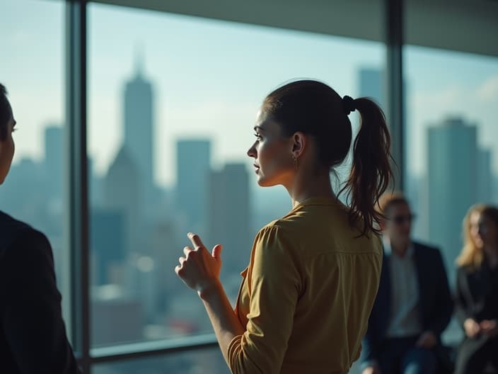 Woman searching for support groups, studio setting with cityscape background