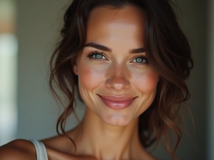 Woman smiling coyly at the camera, soft focus portrait