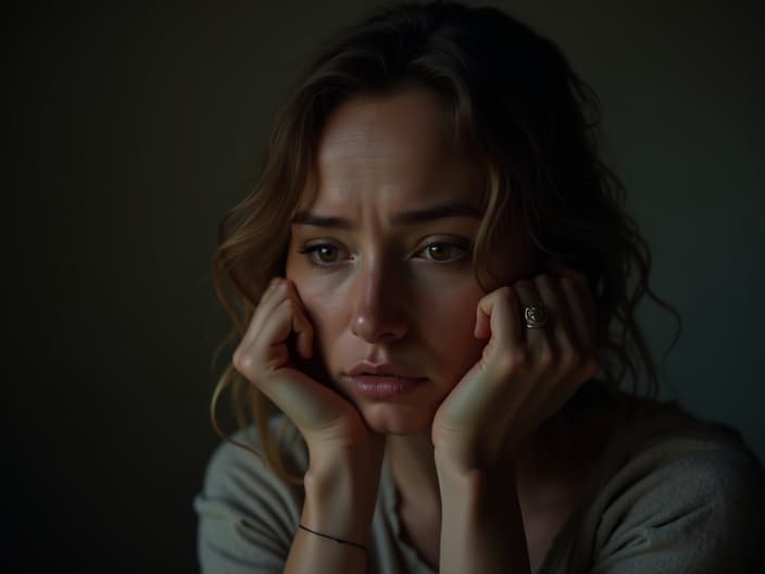 Woman unsure of her emotions, studio setting with emotional lighting