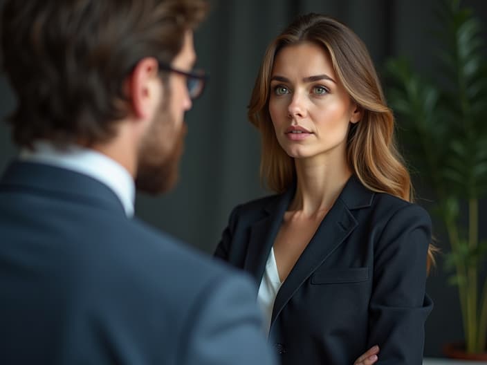 Woman wanting to talk to boss, studio setting with professional backdrop