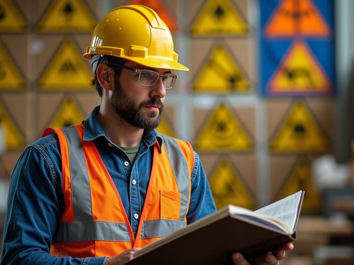 Worker in protective gear surrounded by hazard symbols, labor law book in foreground