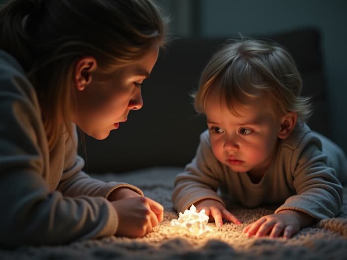 Worried parent looking at a child with a suspicious substance, with a concerned expression