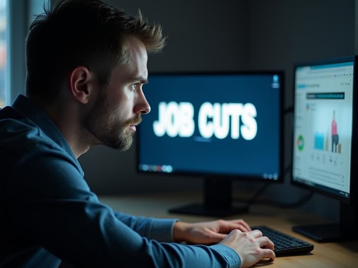 Worried person looking at a 'Job Cuts' headline on computer