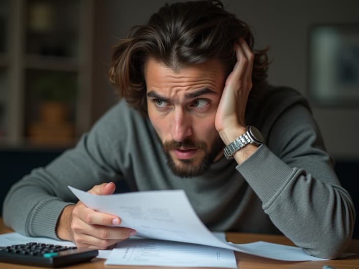 Worried person looking at a loan application, with a calculator nearby