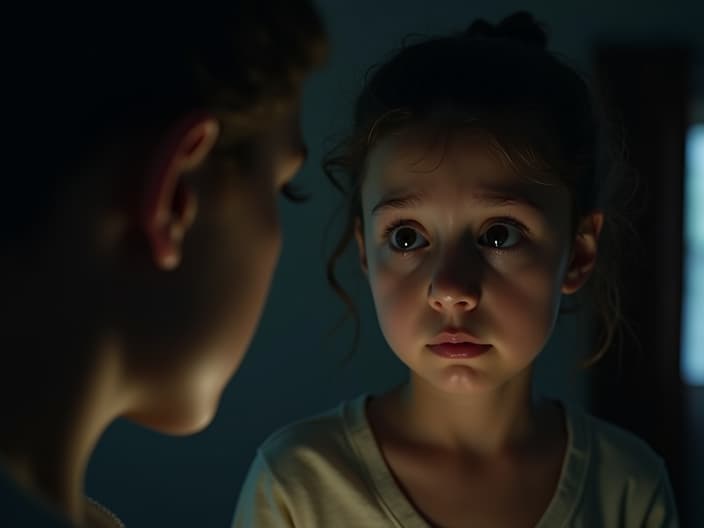 Worried person looking at a sibling in a toxic relationship, dim lighting