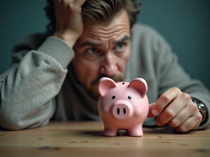 Worried person looking at an empty piggy bank, with a calendar in the background