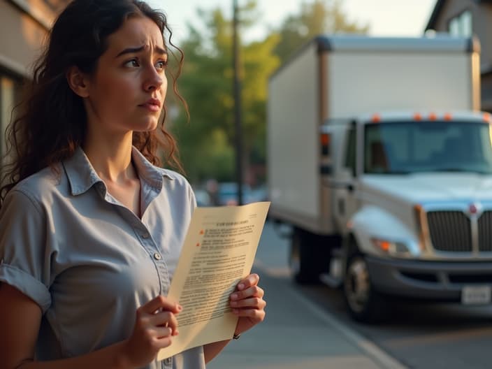 Worried person looking at an eviction notice, with a moving truck in the background