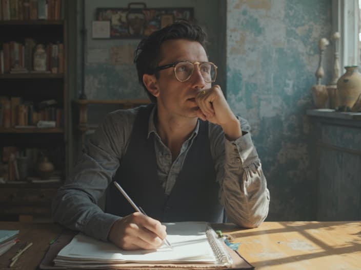 Writer sitting at a desk with a blank notebook, looking thoughtful