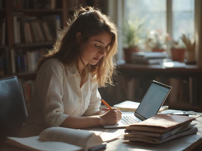 Writer working on an essay with a laptop and a stack of research materials