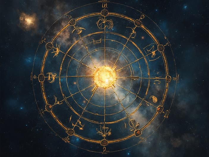 Wykres biznesowy z symbolami astrologicznymi i ustawiającymi się planetami, profesjonalne oświetlenie studyjne