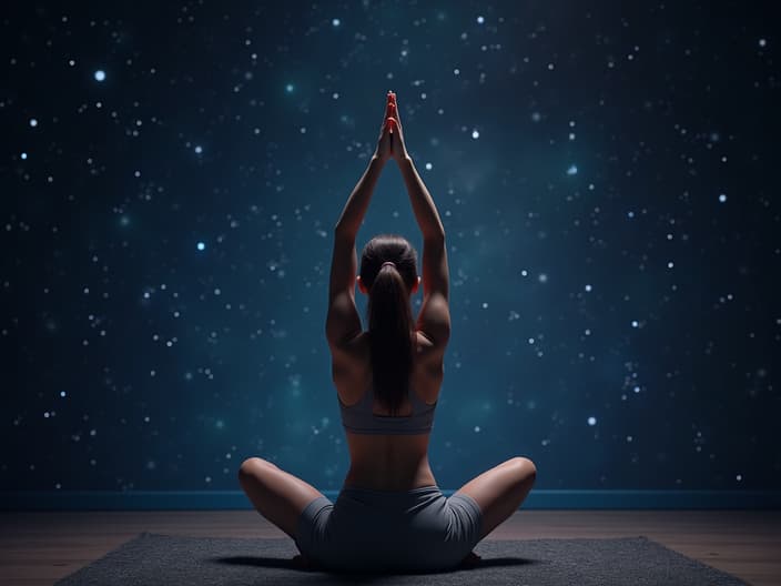 Yoga pose against a starry background, soft studio lighting, serene atmosphere