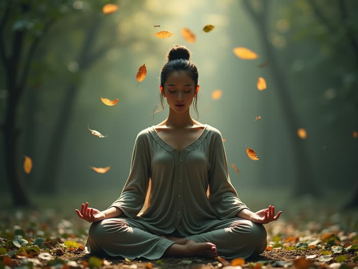 Zen-like studio portrait of a person meditating, surrounded by floating leaves